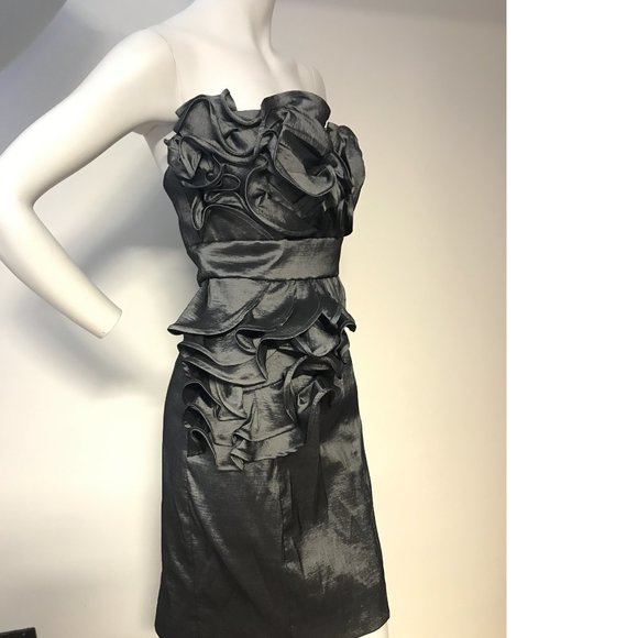 Le Chateau Gunmetal Grey Shiny Stretchy Flowy Ruffle bodycon dress Formal NWT - Picture 4 of 7